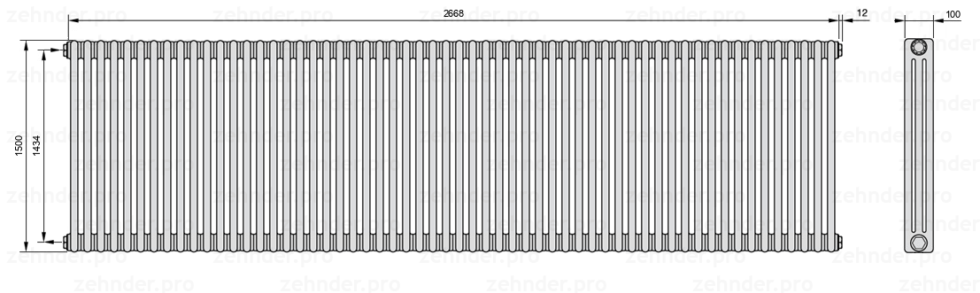 Схема (чертеж) Радиатор Zehnder Charleston 3150/58 №1270 Белый глянцевый RAL 9016